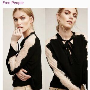 FREE PEOPLE Freya Black Tie Front‎ Lace Sleeve Crop Blouse SZ XS